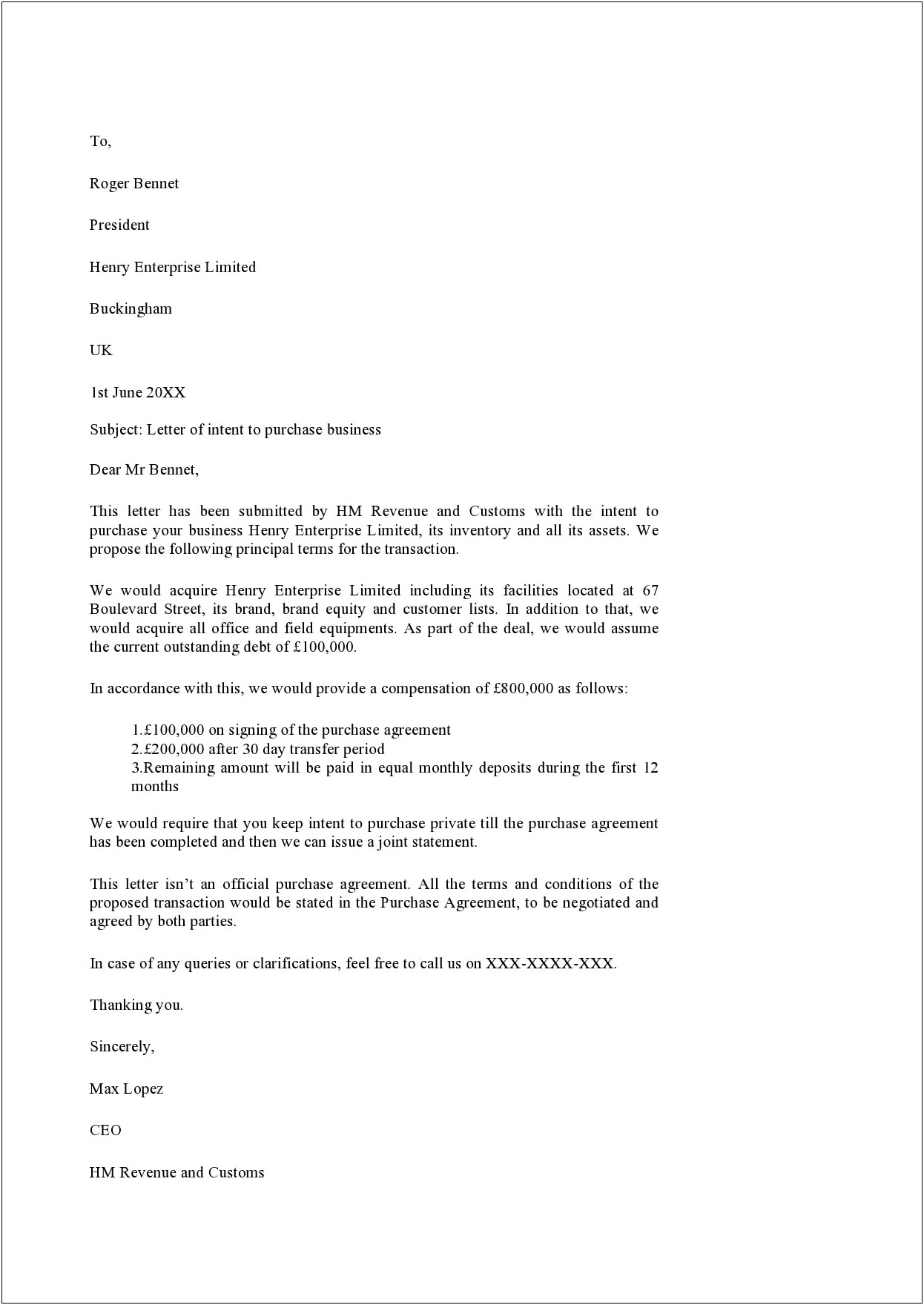 Letter Of Intent To Purchase Template Uk