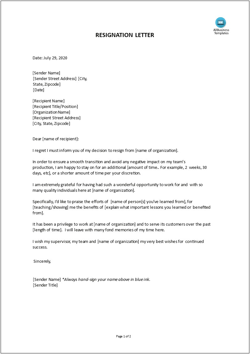 Letter Of Intent To Resign Template