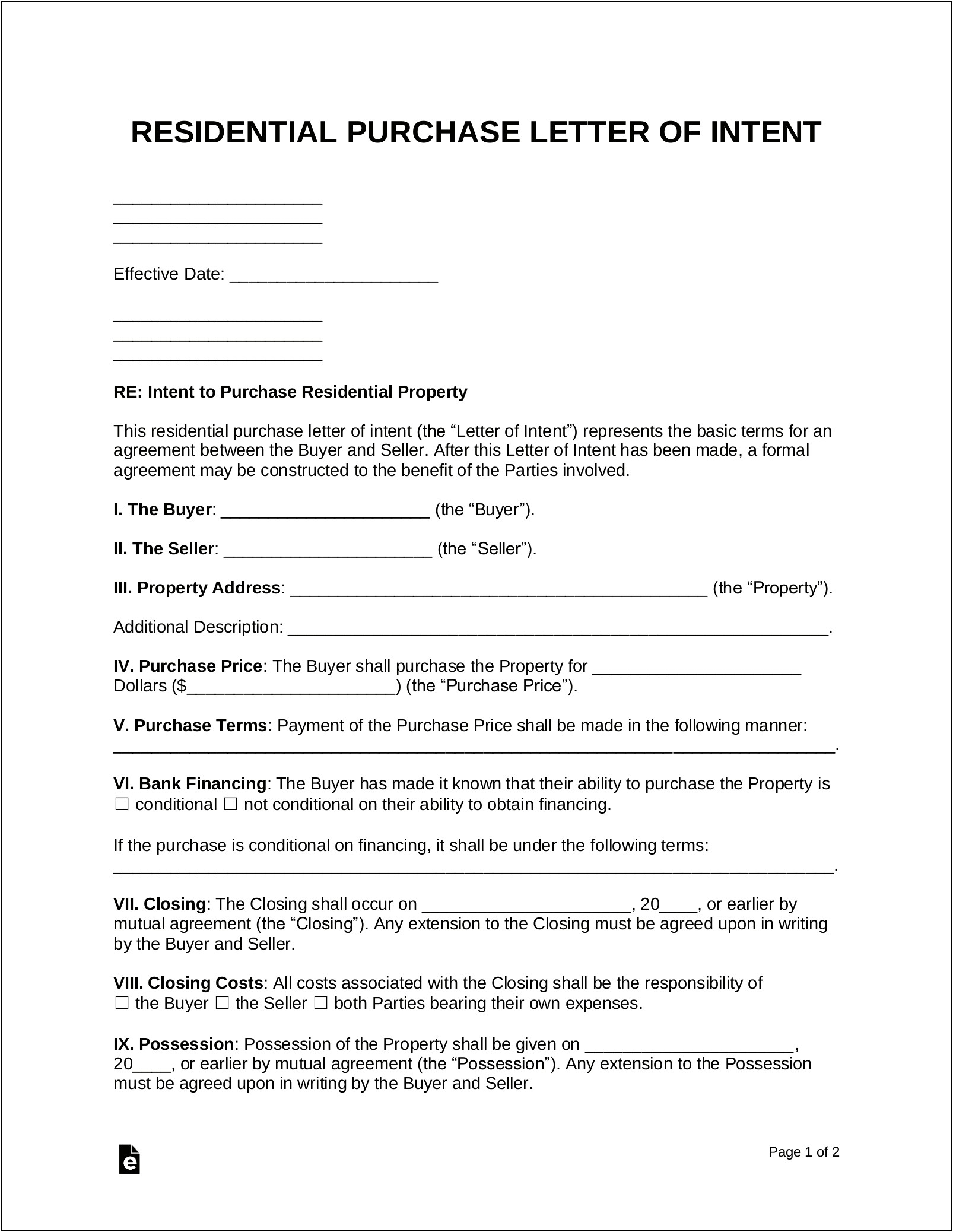 Letter Of Intent To Sell Home Template