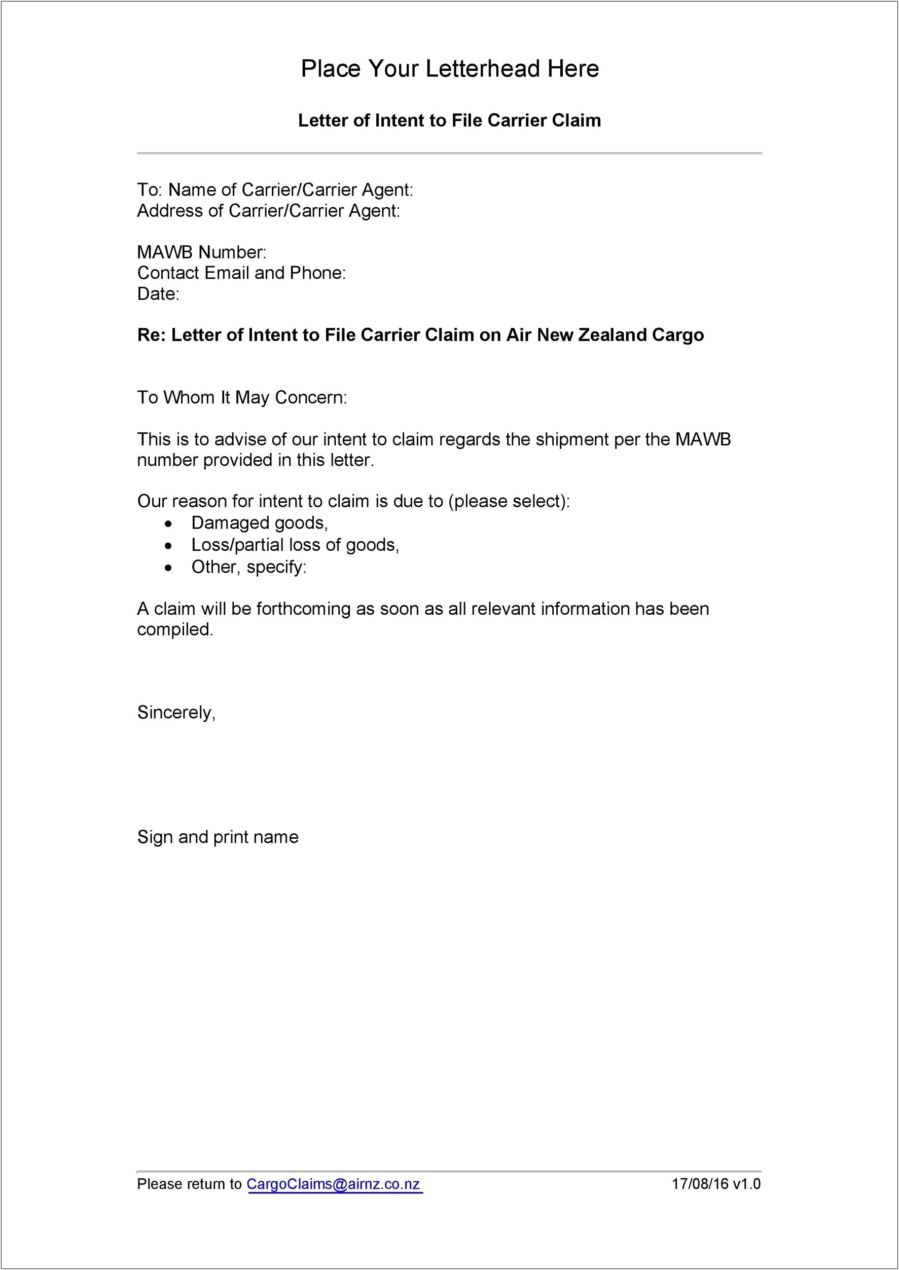 Letter Of Intent To Sue Template Uk