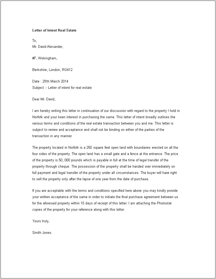 Letter Of Interest Template For Real Estate