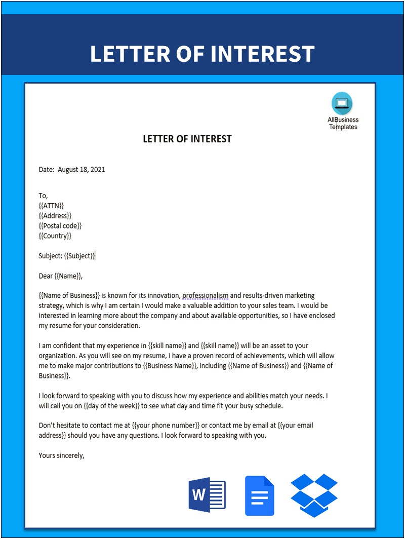 Letter Of Interest To Work With Company Template