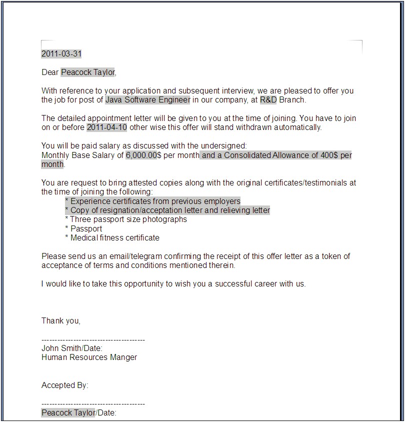 Letter Of Job Offer Template Uk