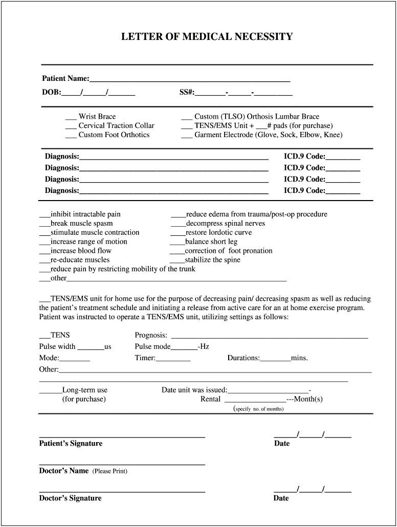 Letter Of Medical Necessity Template For Tens Unit