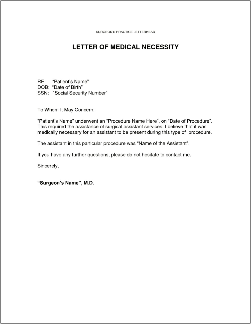 Letter Of Medical Necessity Template Surgery