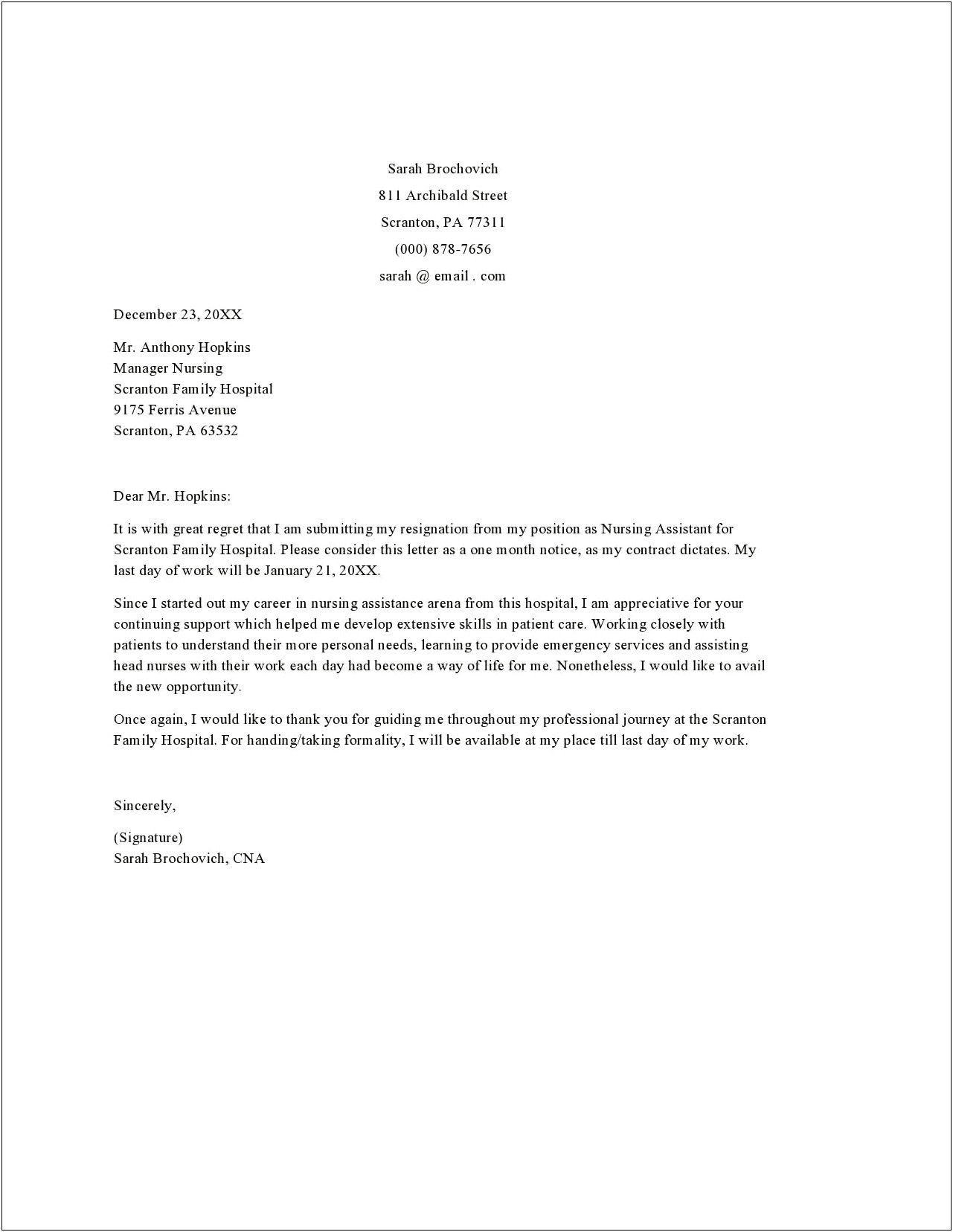 Letter Of Nurse Resignation Template Word