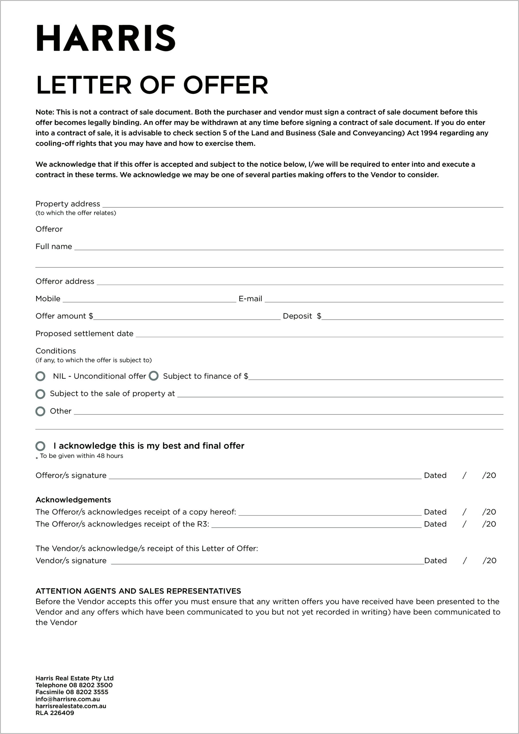 Letter Of Offer Real Estate Template Victoria