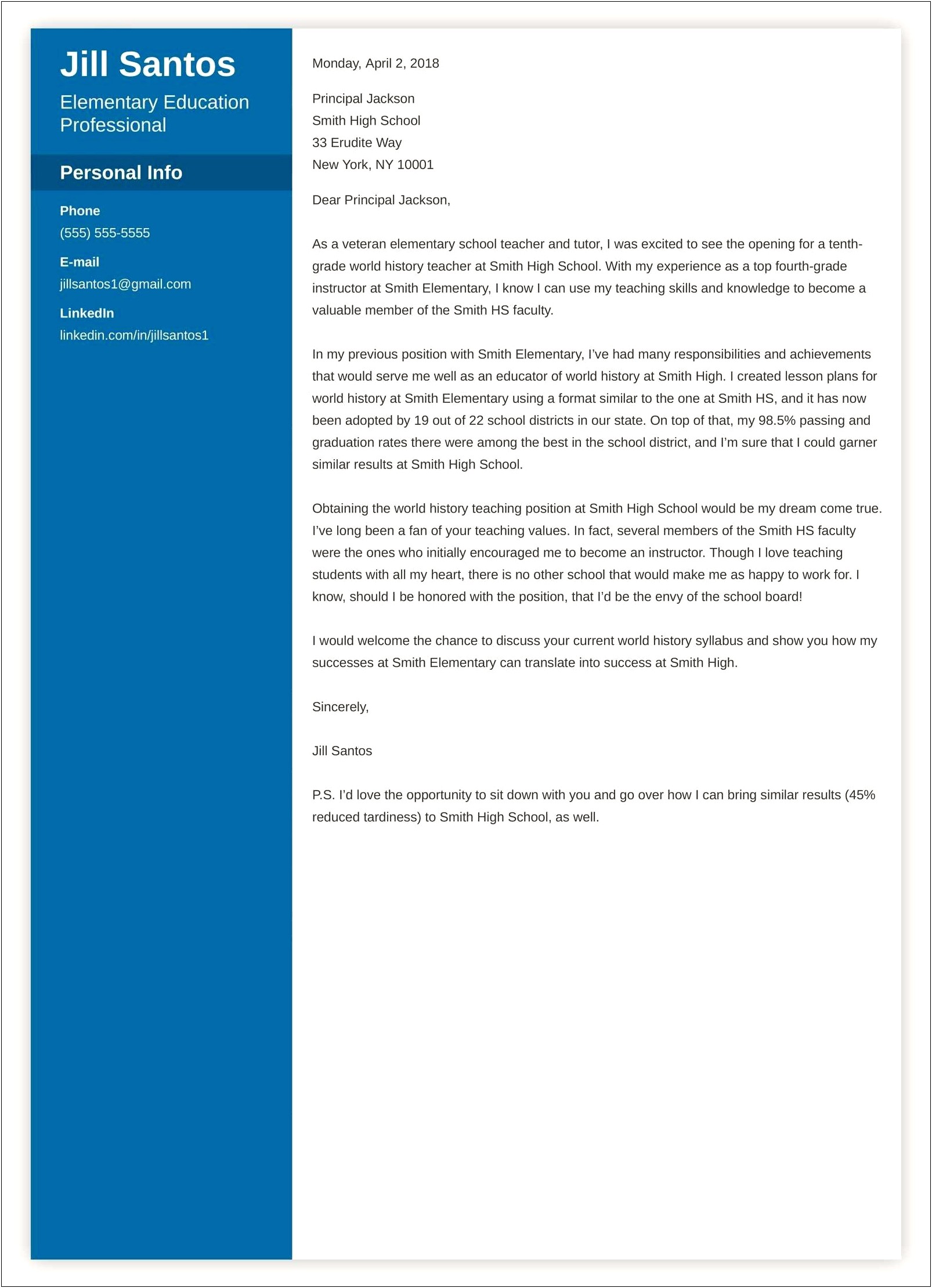 Letter Of Onterest Sample Template Education Teacher