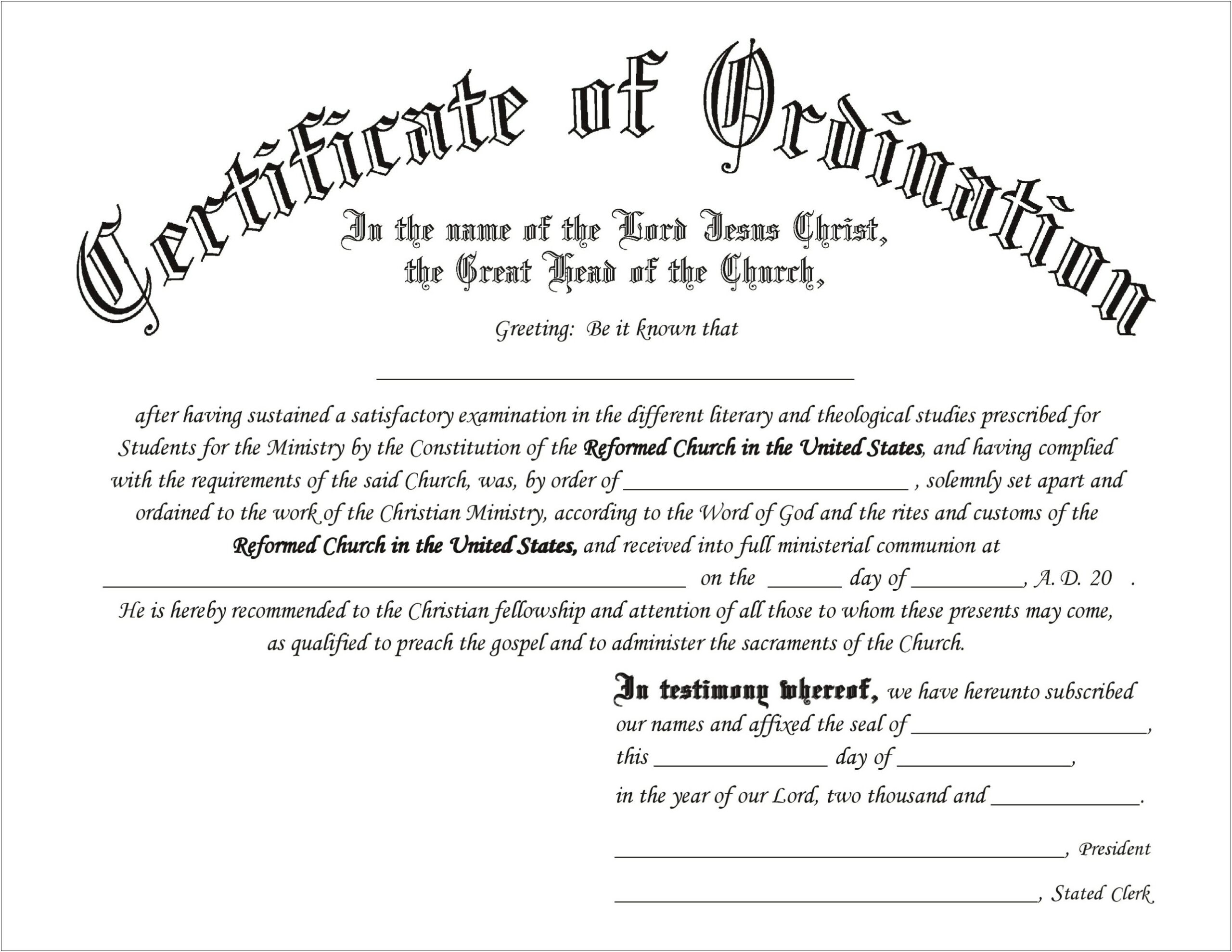 Letter Of Ordination Template Non Denominational