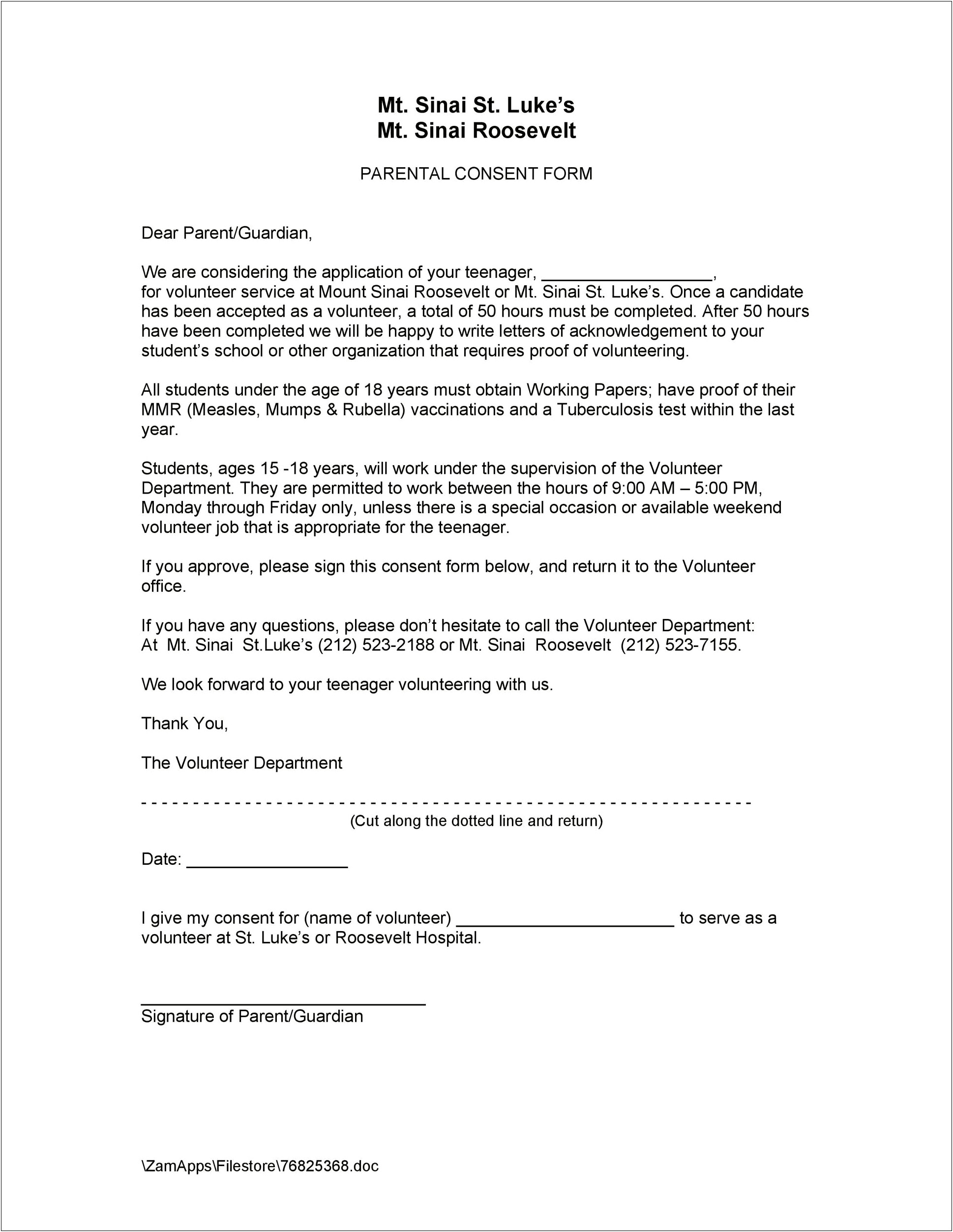 Letter Of Permission To Parents Template