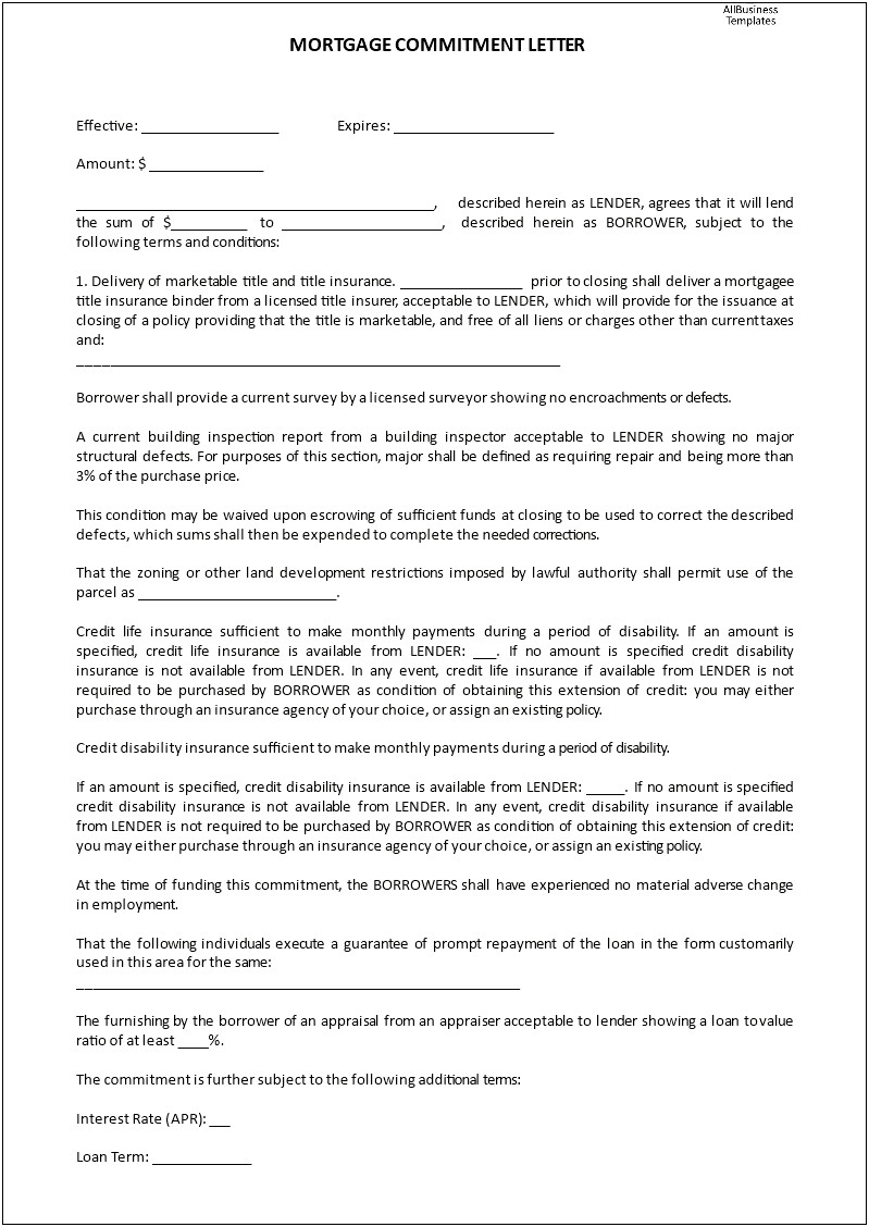 Letter Of Personal Loan Commitment Template