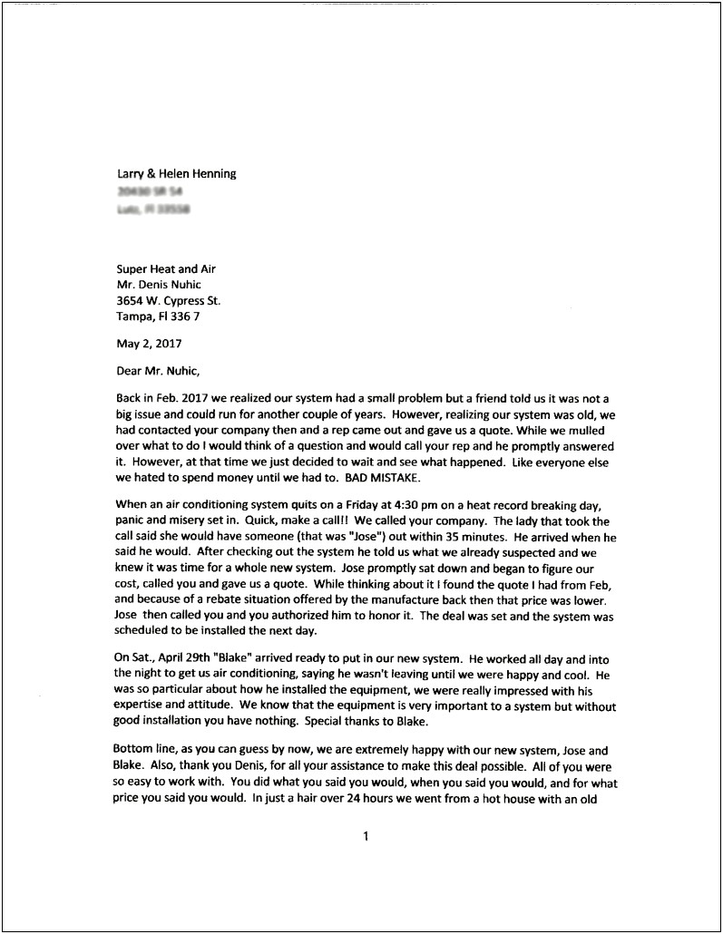 Letter Of Praise For Good Service Template