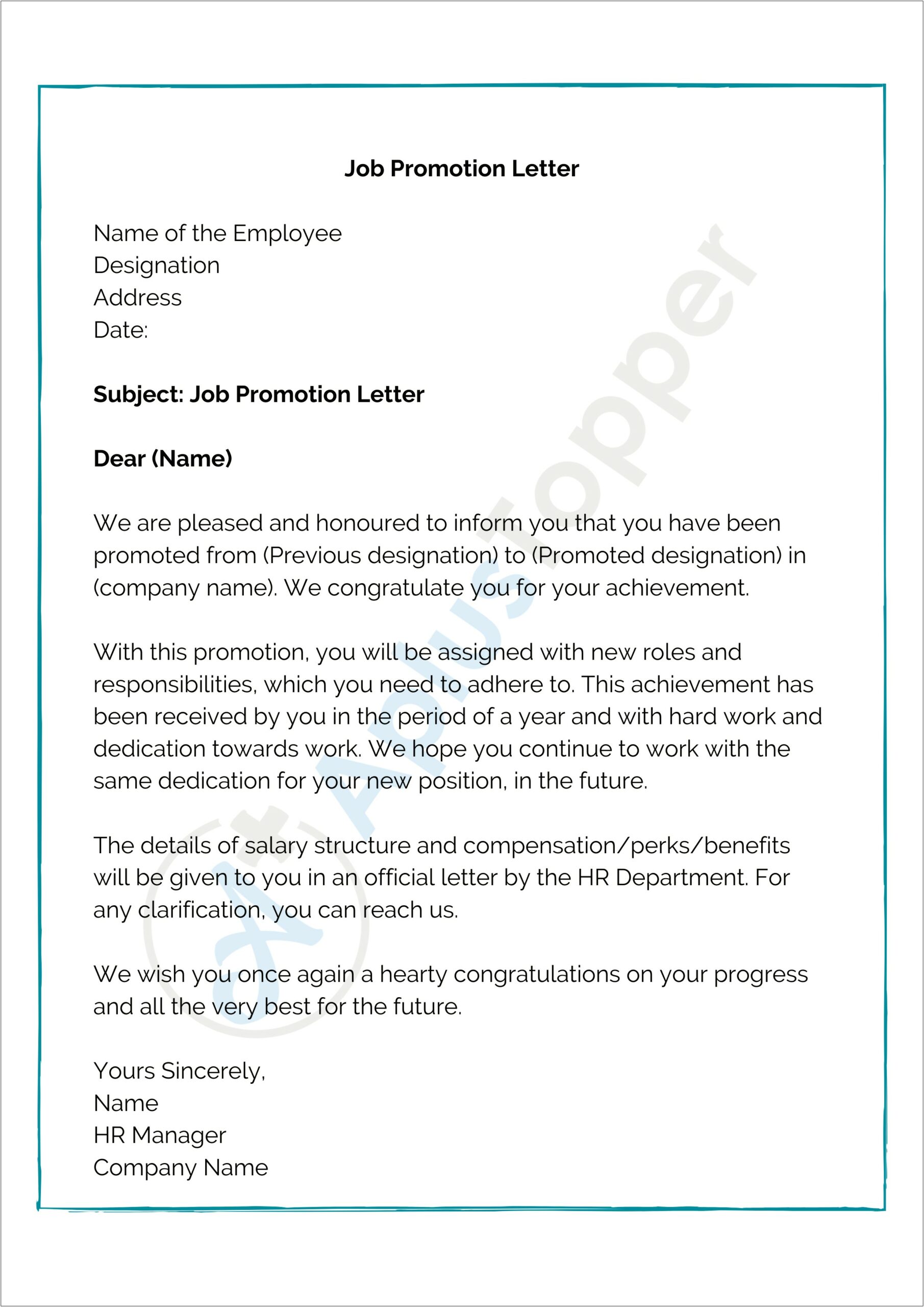 Letter Of Promotion To Employee Template