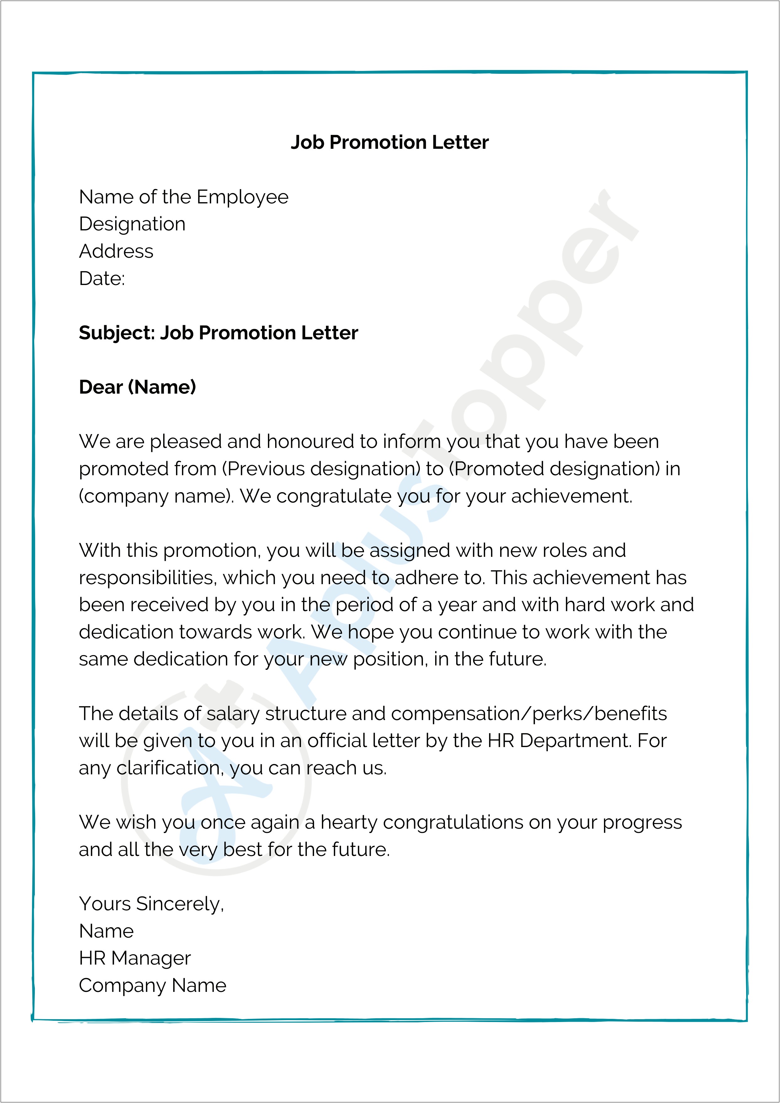 Letter Of Promotion To Employee Template