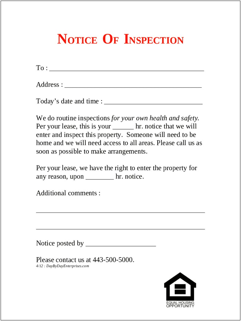 Letter Of Property Inspection Notice To Tenant Template