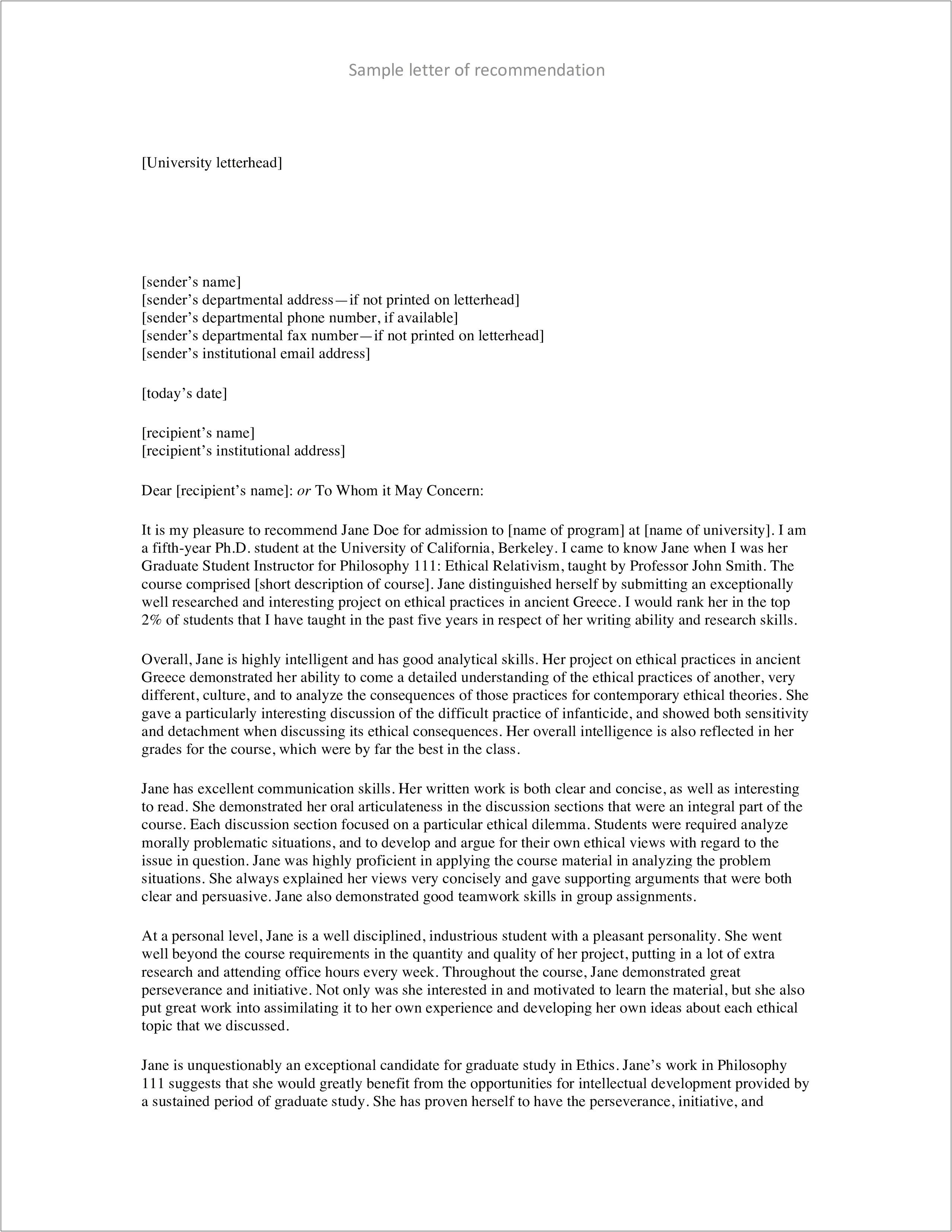 Letter Of Rec Template For Student