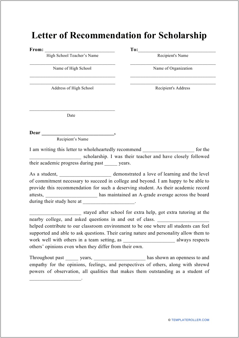 Letter Of Recomendation Template For A Scholarship