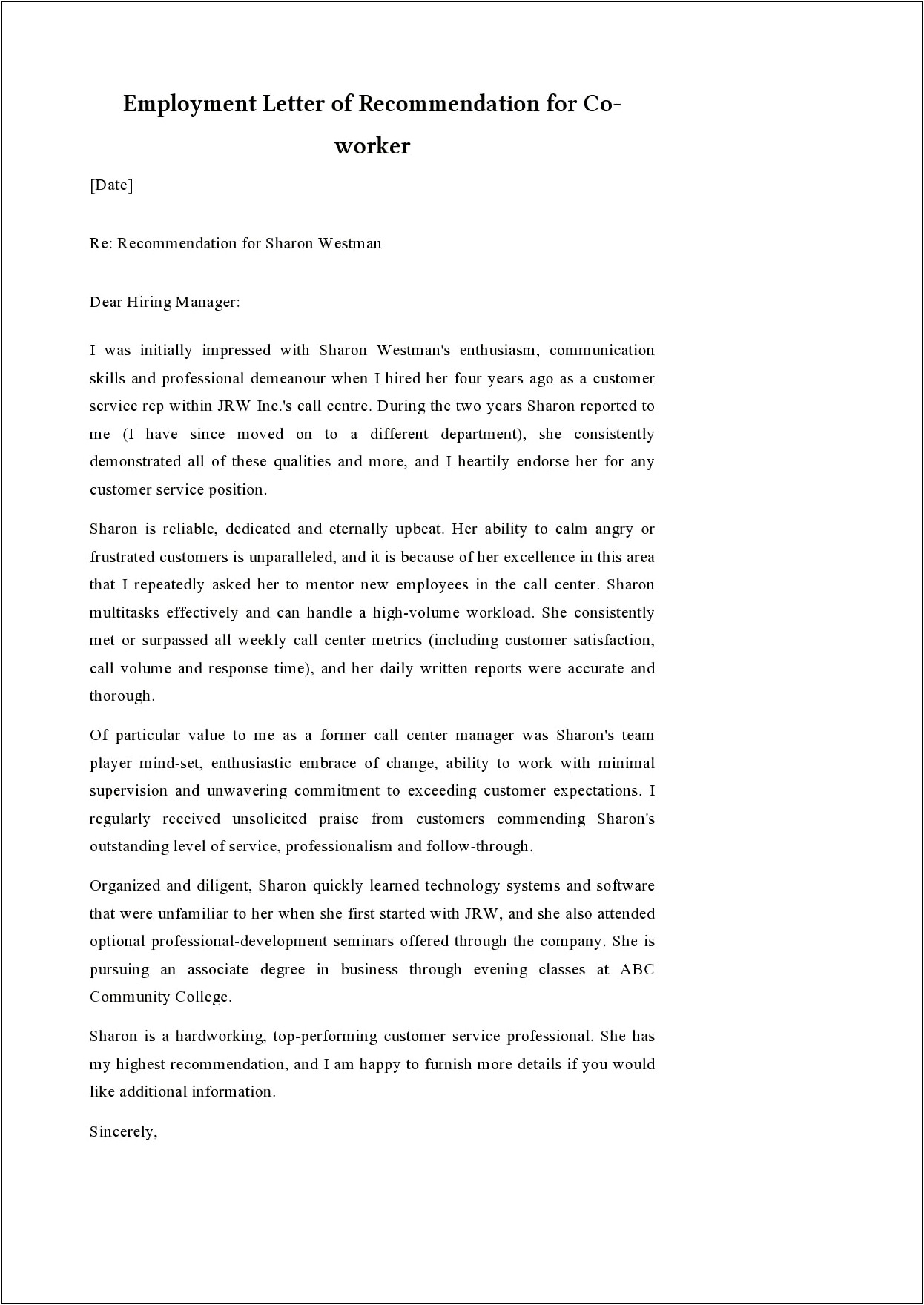 Letter Of Recommendation Co Worker Template