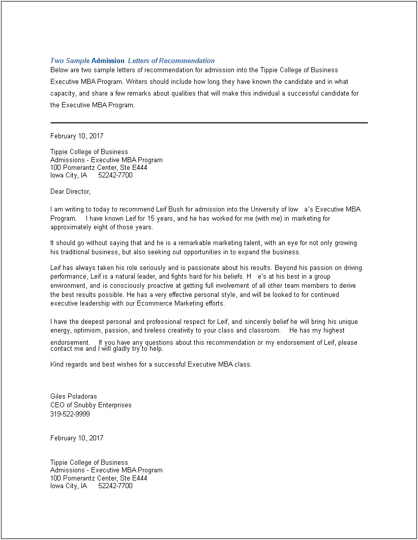 Letter Of Recommendation College Admission Template