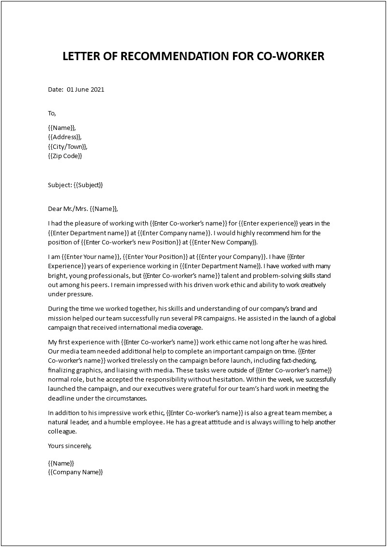 Letter Of Recommendation Coworker Template Teaching