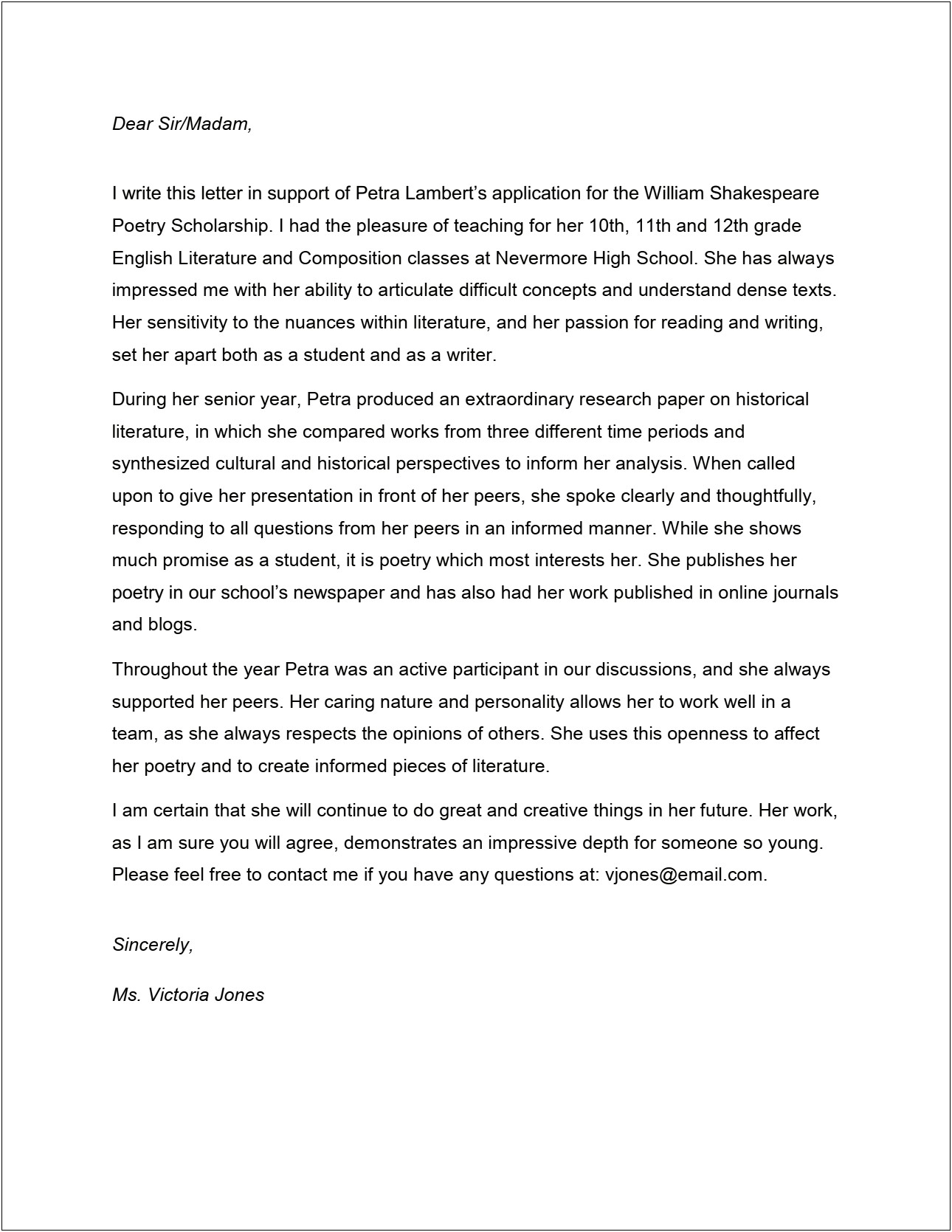 Letter Of Recommendation Elementary Teacher Template