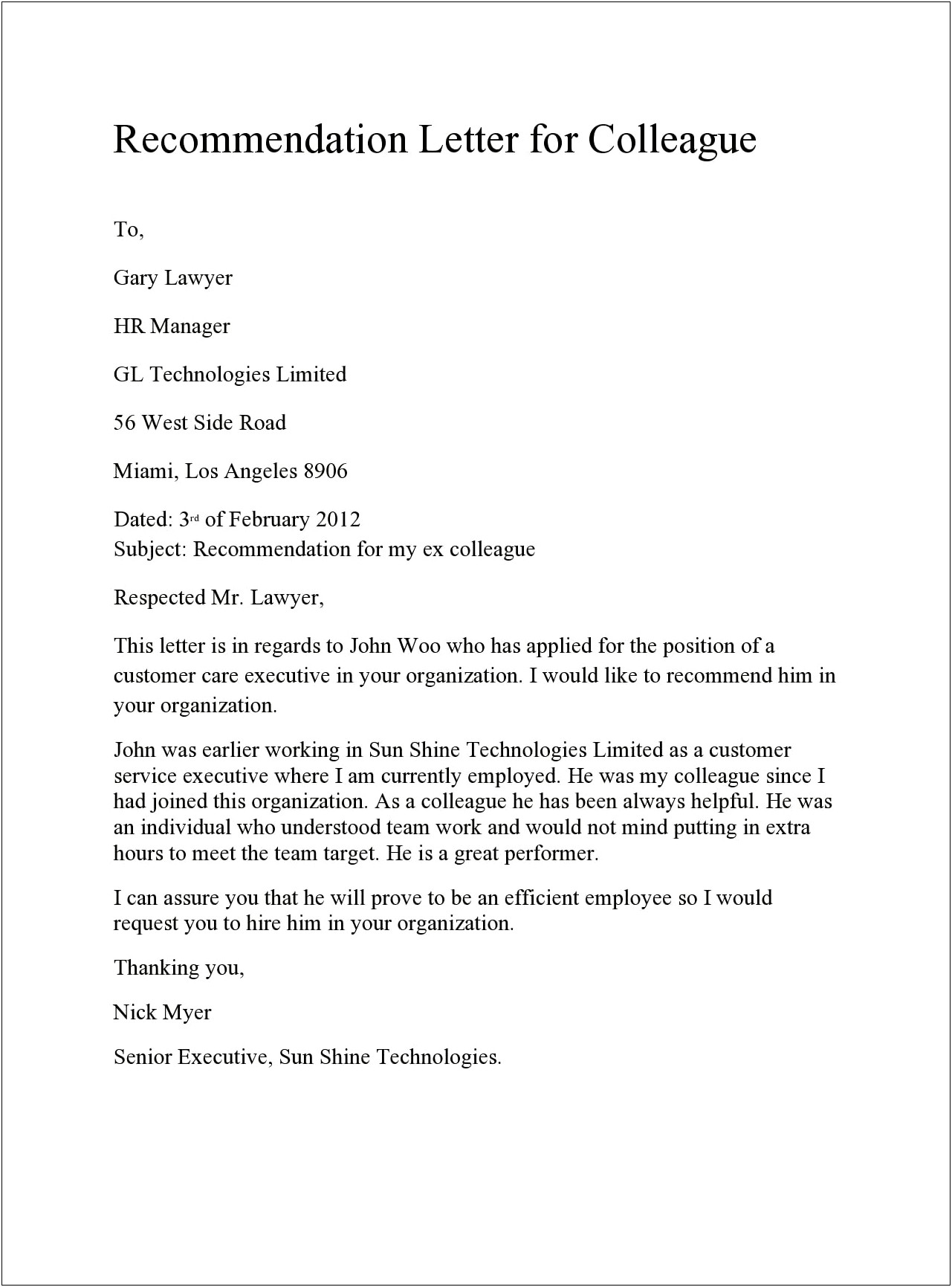 Letter Of Recommendation For A Colleague Template