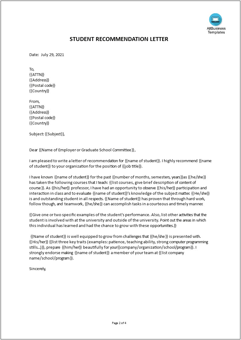 Letter Of Recommendation For Boss Template