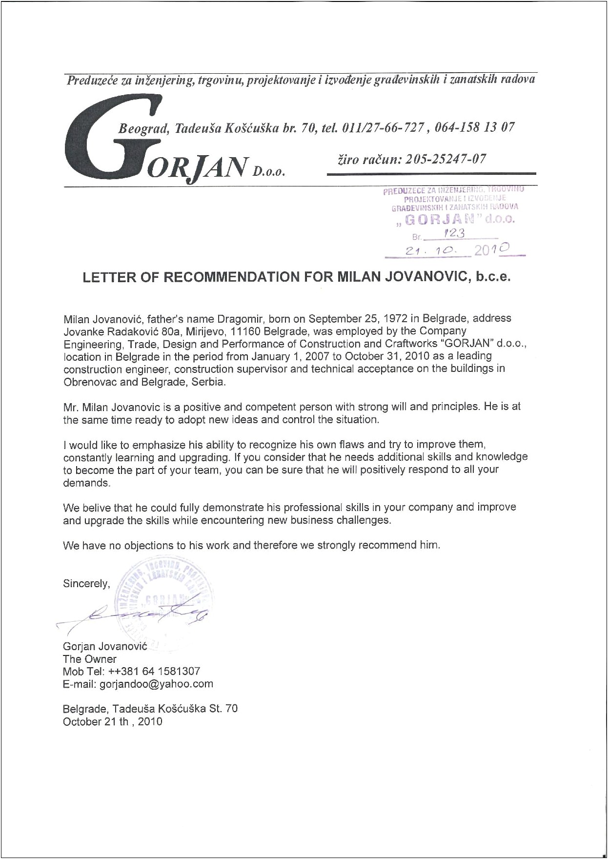 Letter Of Recommendation For Civil Engineering Firm Template