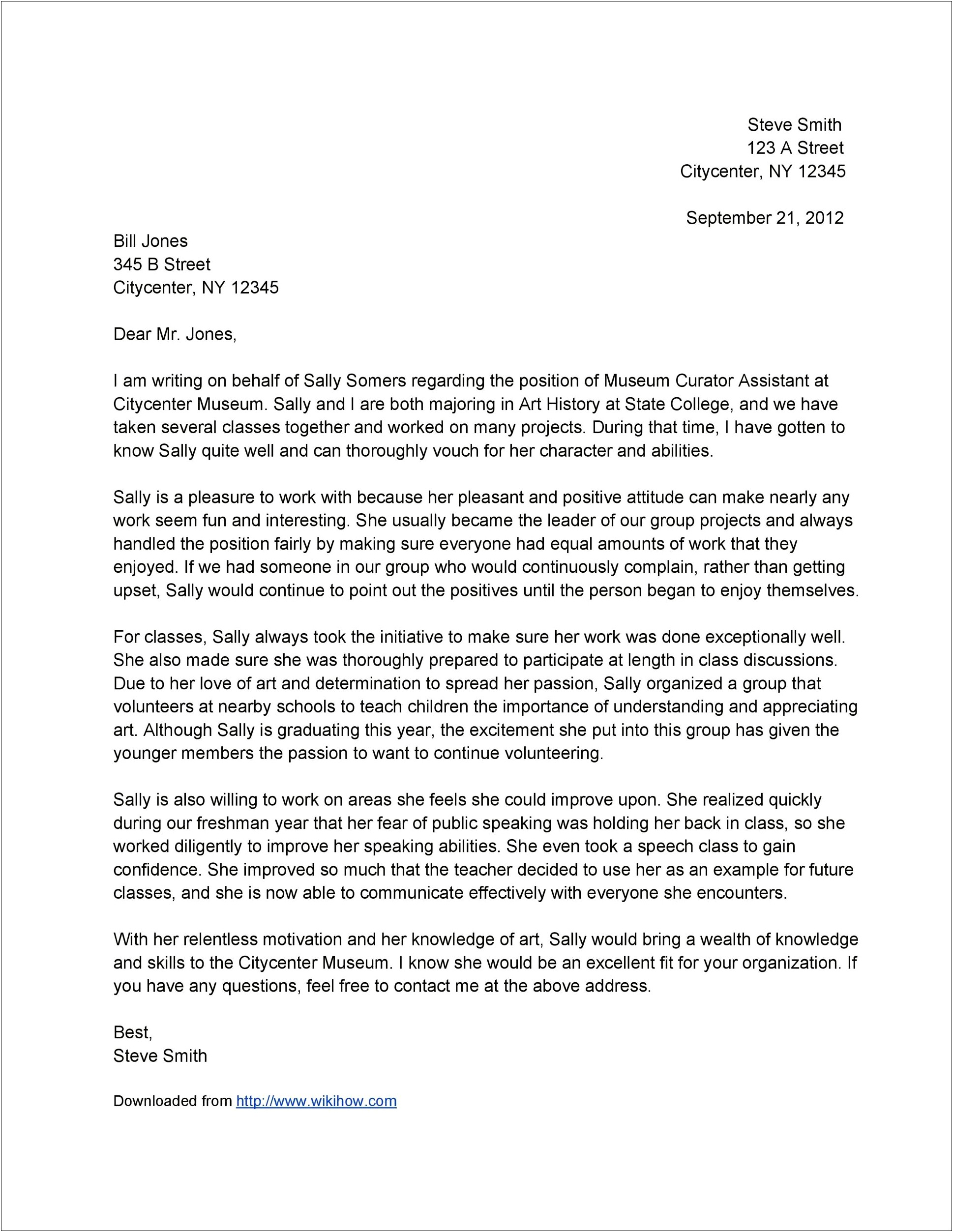 Letter Of Recommendation For College Admission Template