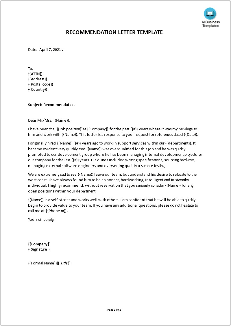 Letter Of Recommendation For Company Template