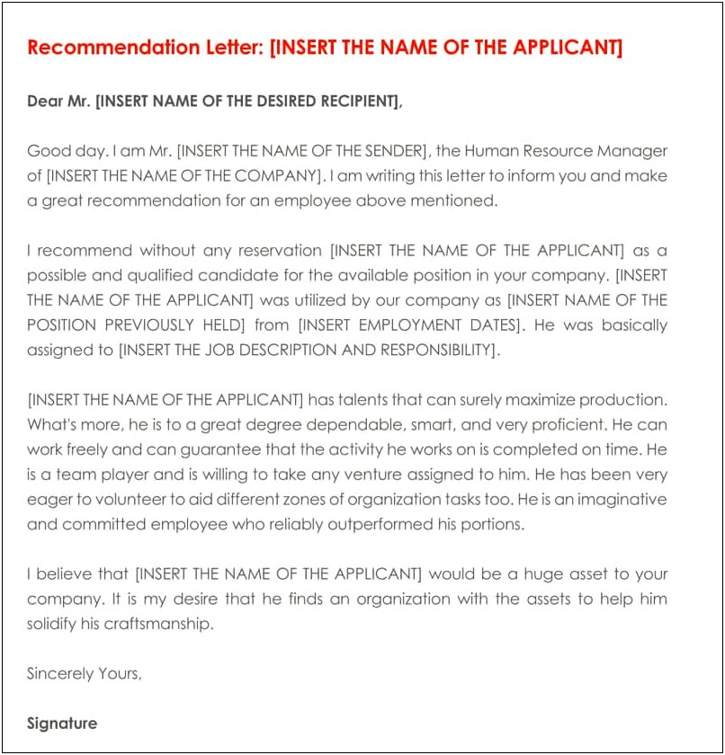 Letter Of Recommendation For Employee From Manager Template