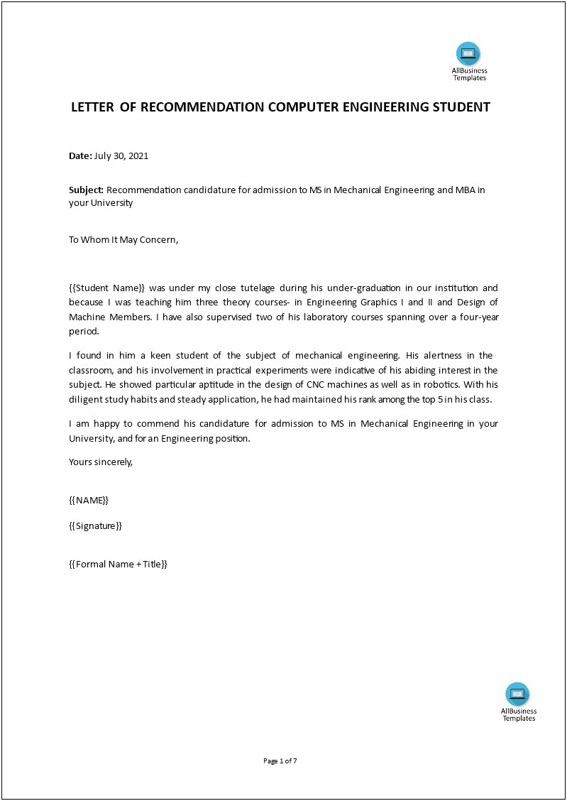 Letter Of Recommendation For Engineering Graduate School Template