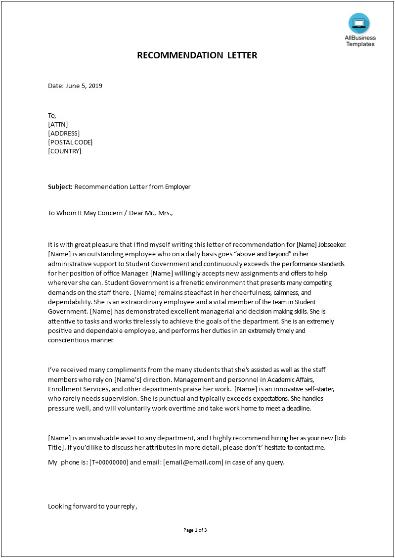 Letter Of Recommendation For Graduate School Templates