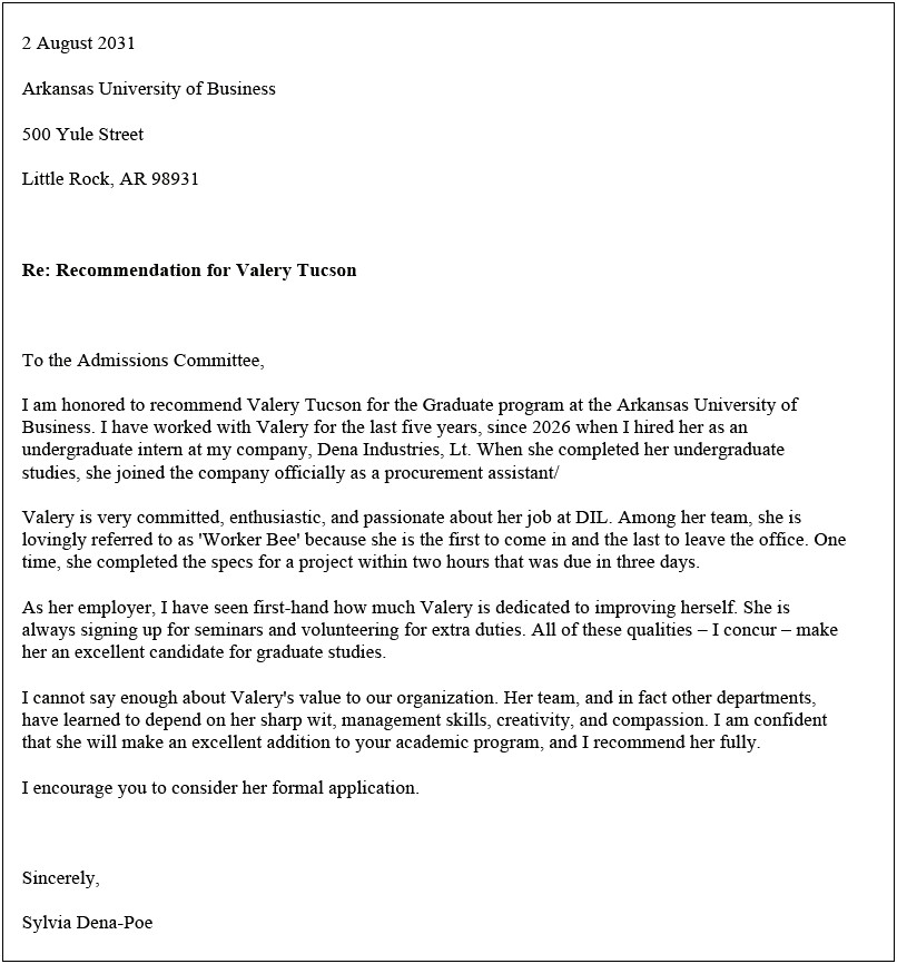 Letter Of Recommendation For Graduate Student Template