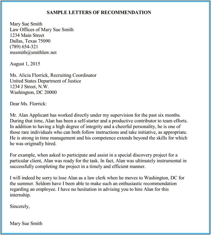 Letter Of Recommendation For Intern Template