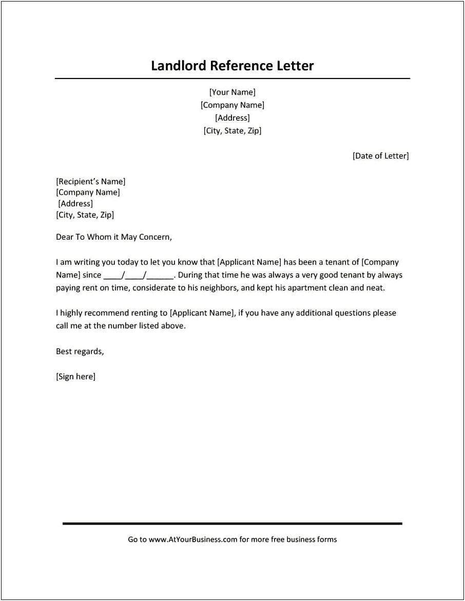 Letter Of Recommendation For Landlord Template