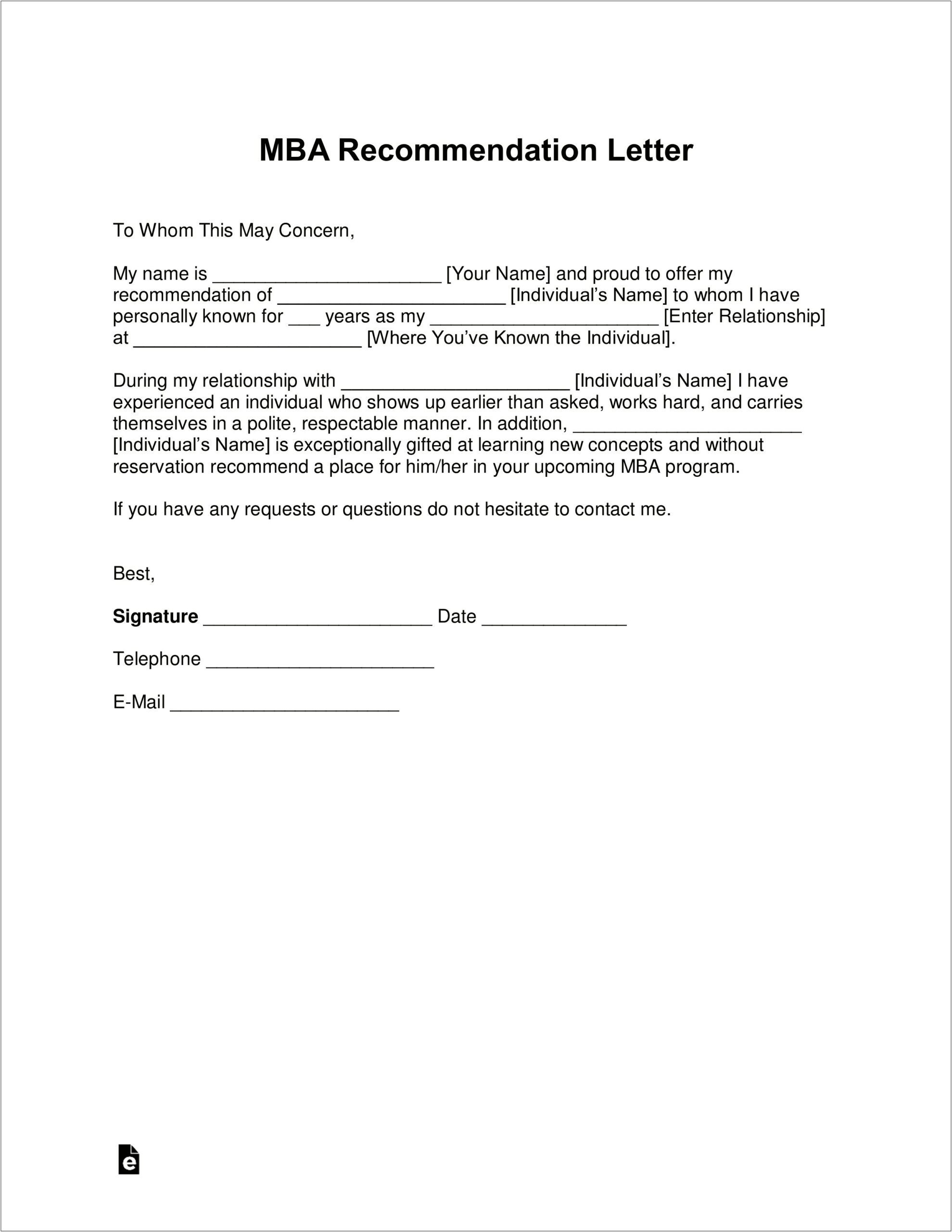 Letter Of Recommendation For Manager Template Word