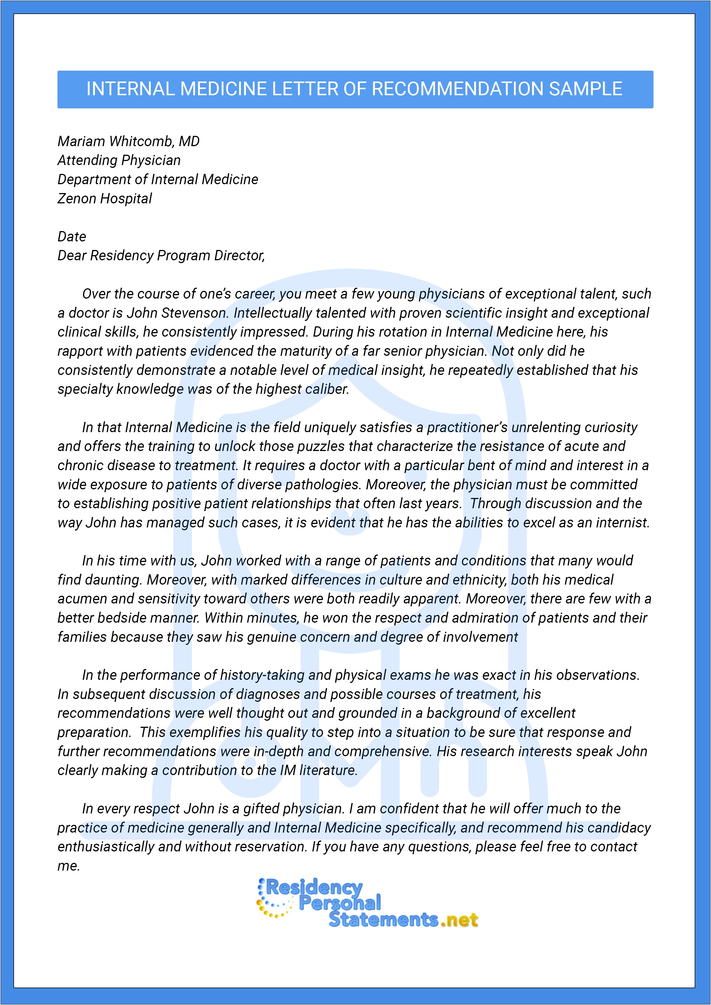 Letter Of Recommendation For Medical Residency Template