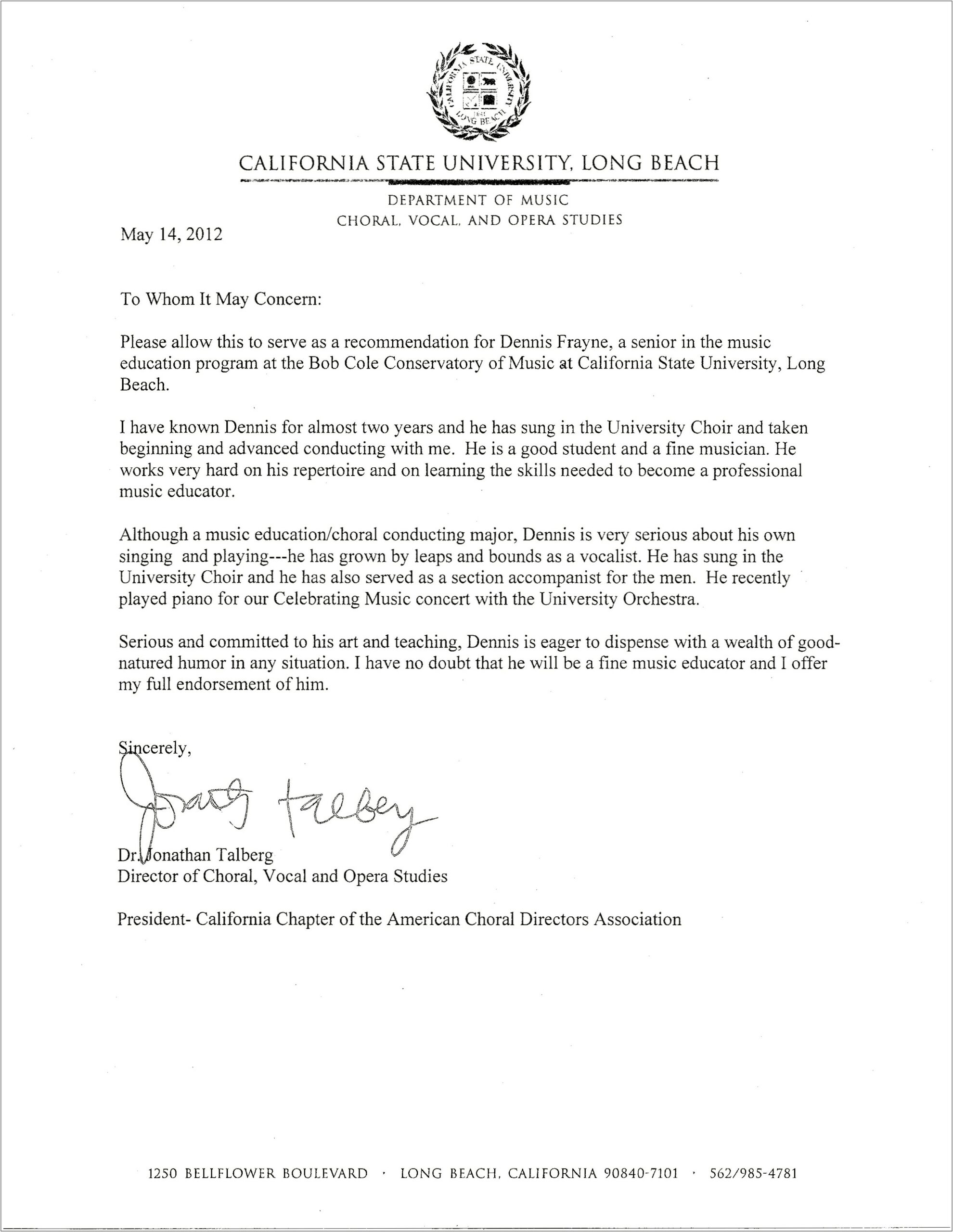 Letter Of Recommendation For Music Student Template