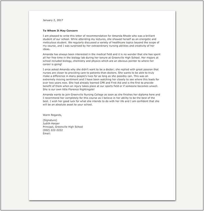 Letter Of Recommendation For Nurse Template