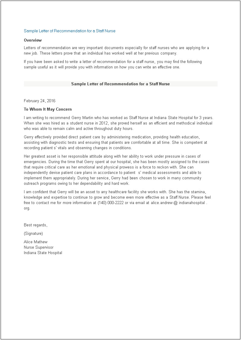 Letter Of Recommendation For Nursing Student Template