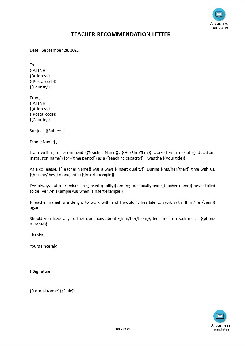 Letter Of Recommendation For Preschool Classroom Template