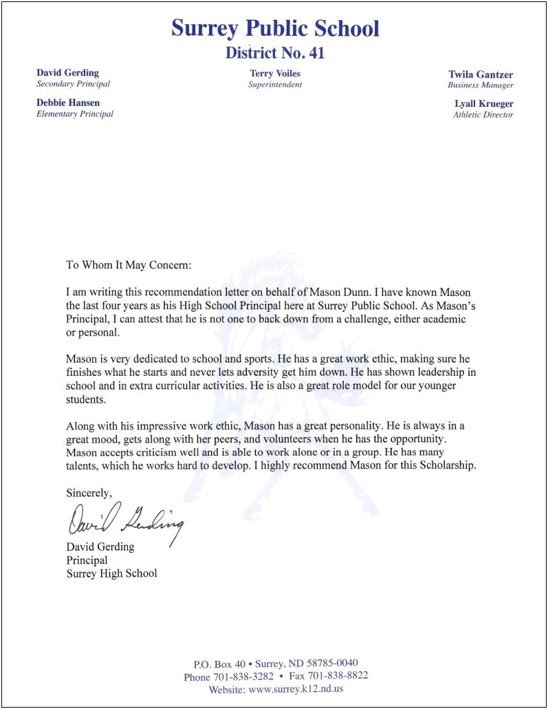 Letter Of Recommendation For Principal Template