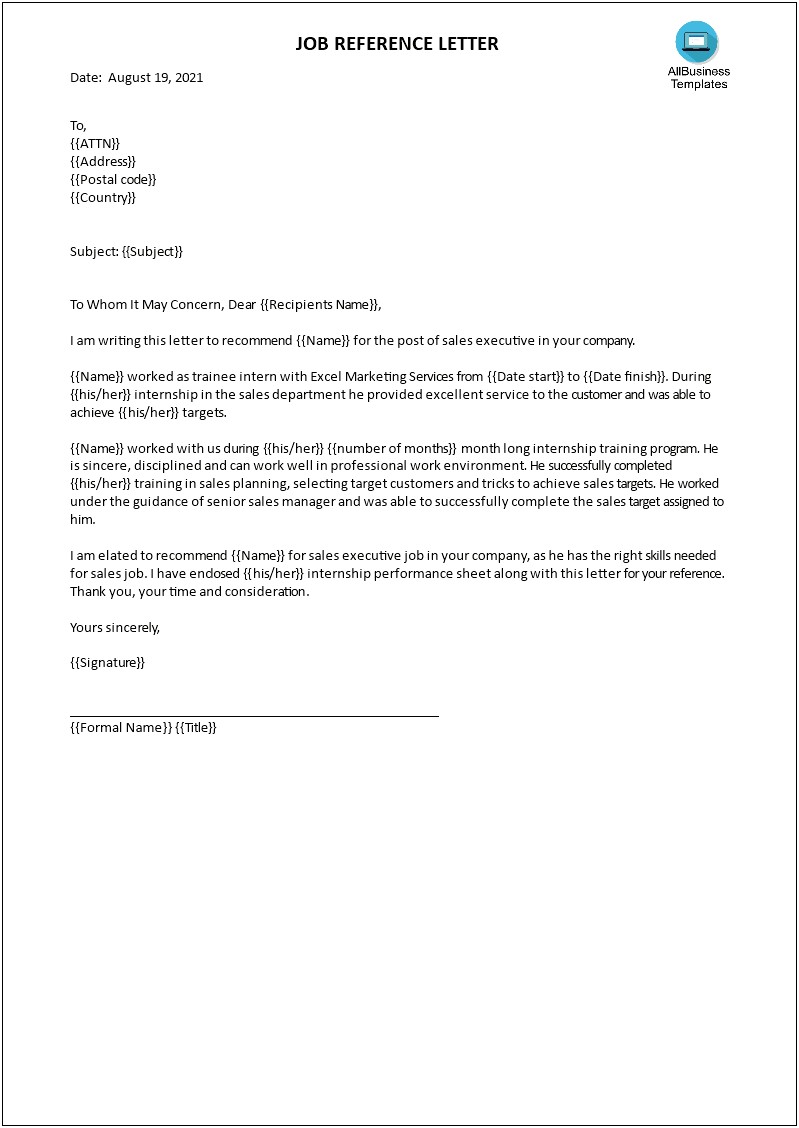 Letter Of Recommendation For Sales Reps Template