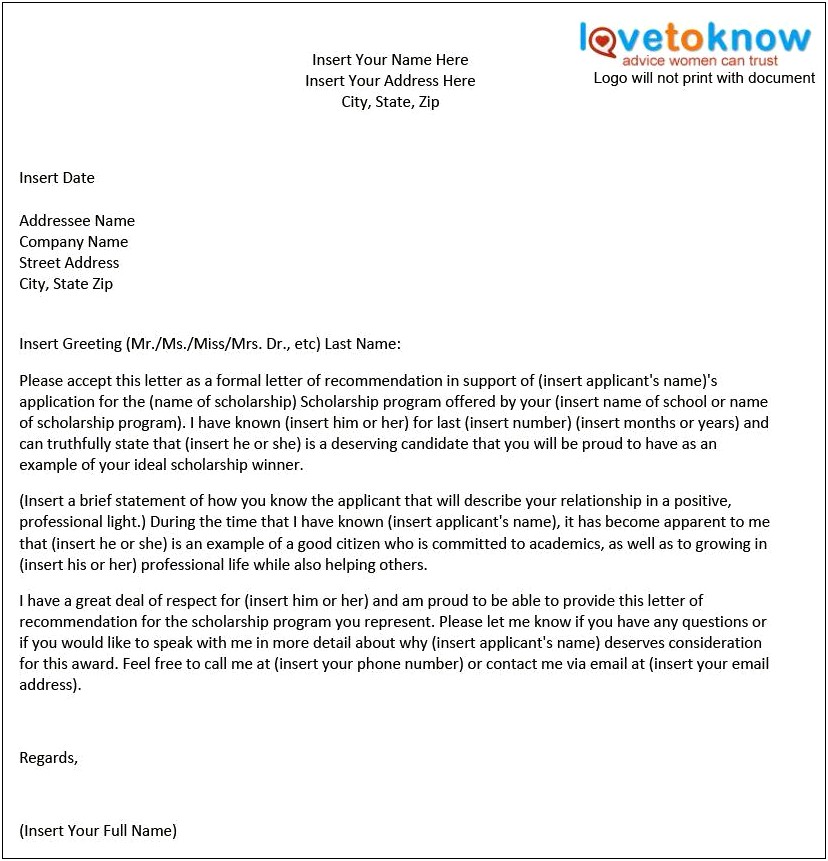 Letter Of Recommendation For Scholarships Template