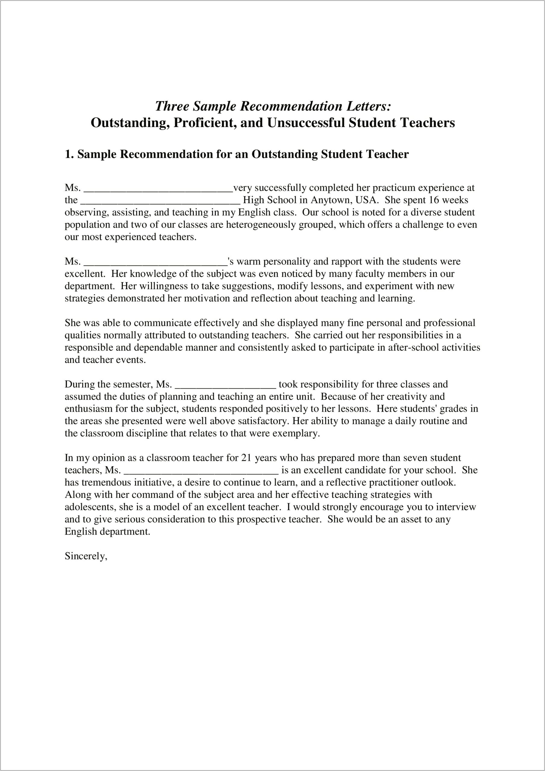 Letter Of Recommendation For Student From Teacher Template