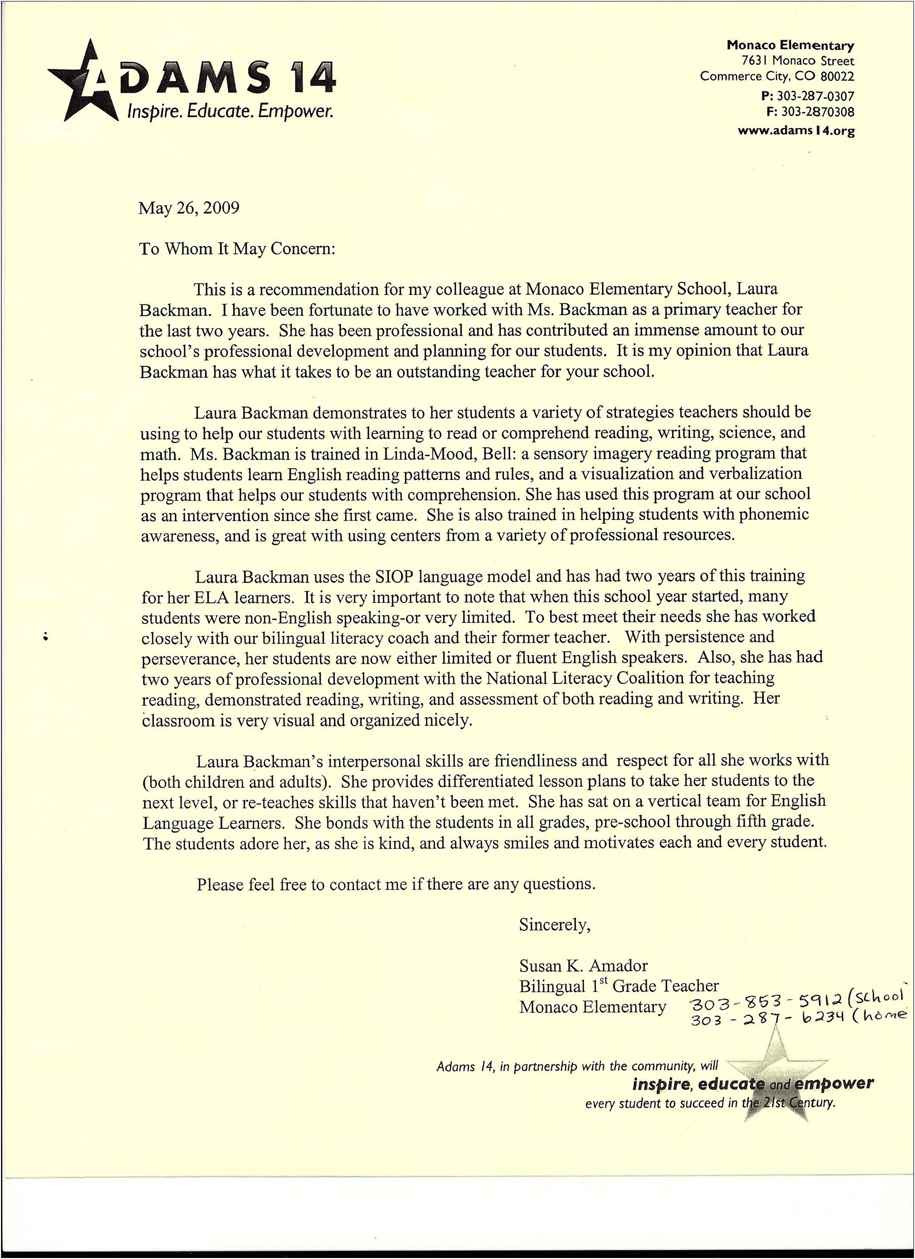 Letter Of Recommendation For Teaching Award Template