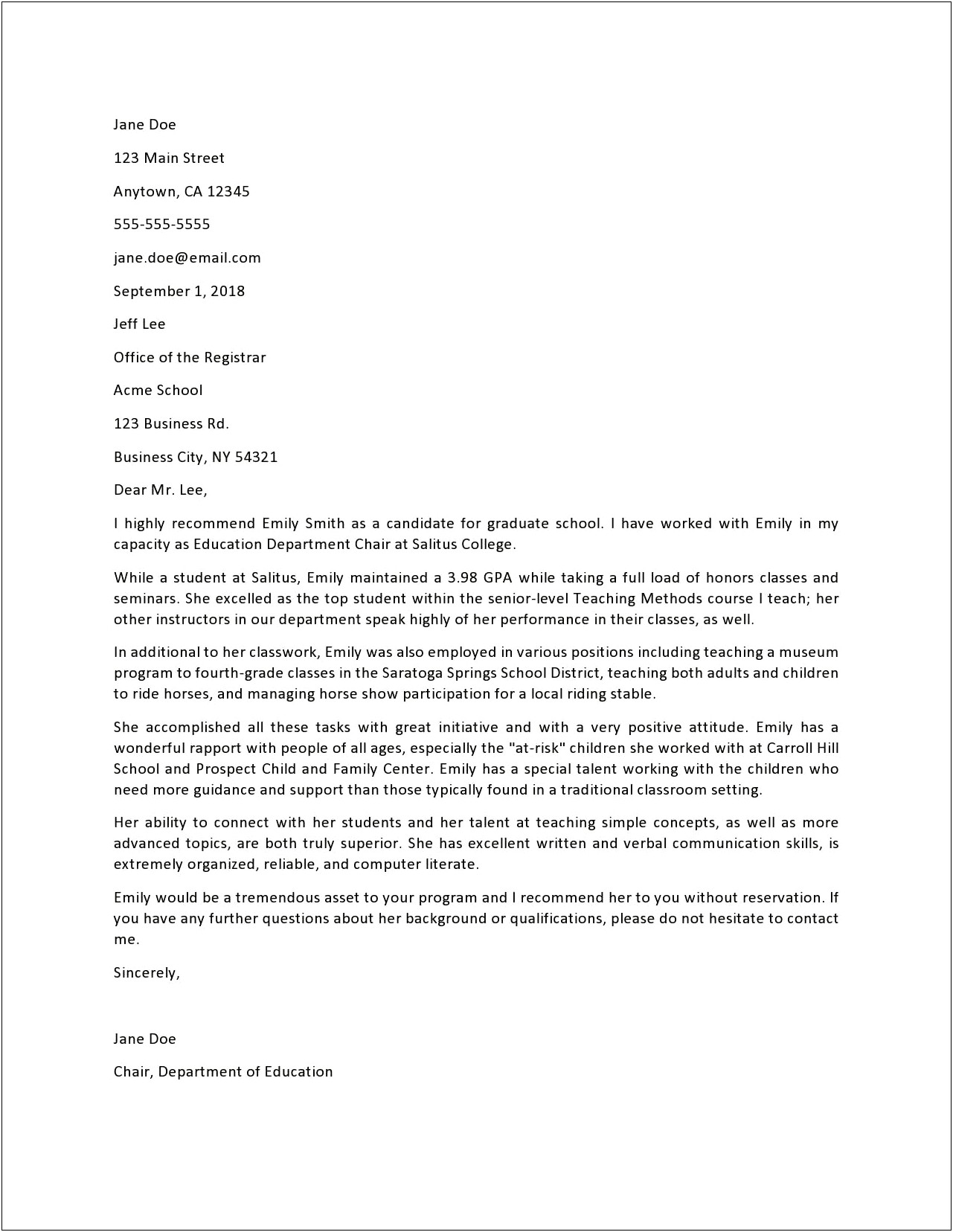 Letter Of Recommendation For Teaching Template