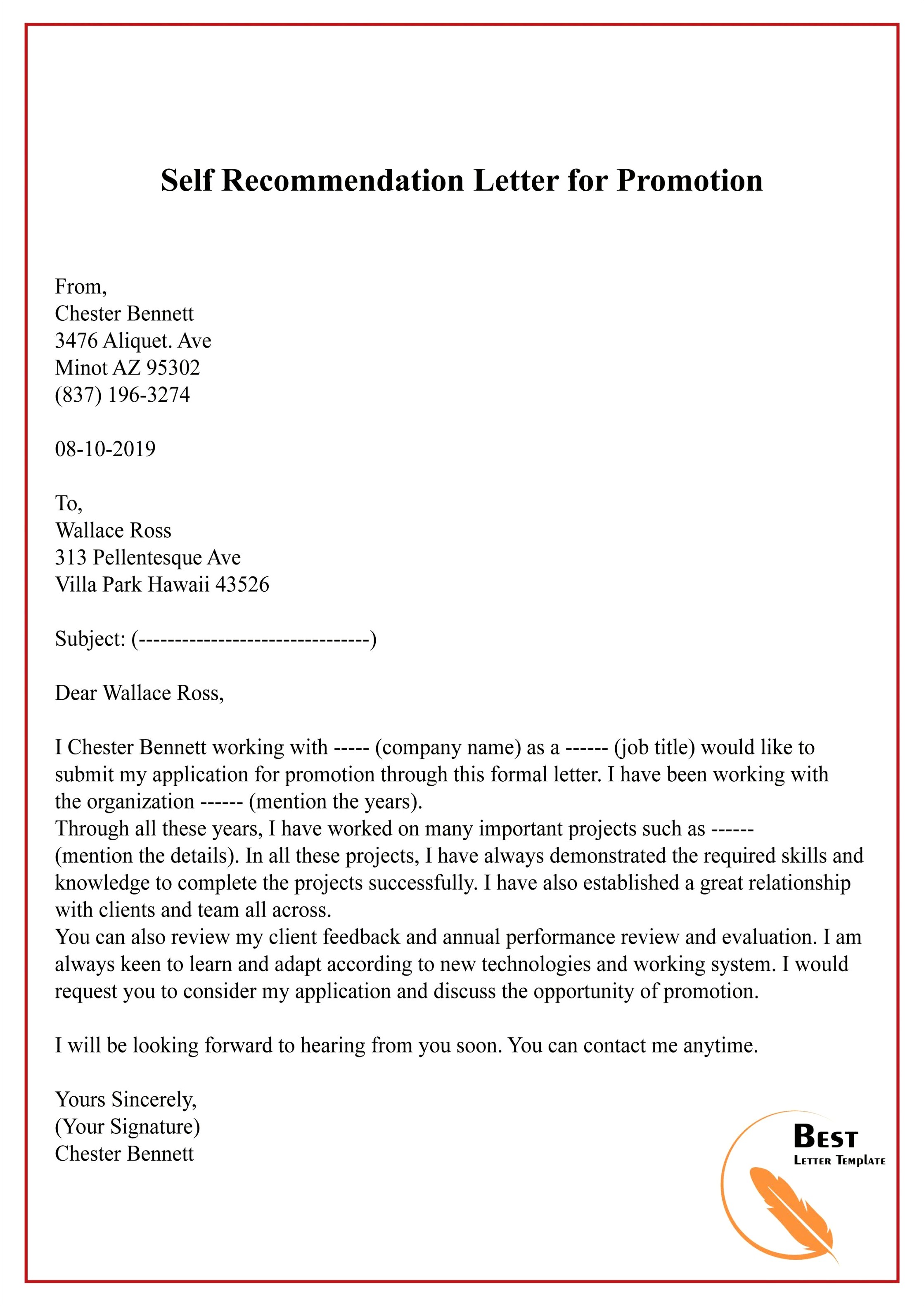 Letter Of Recommendation For Yourself Template