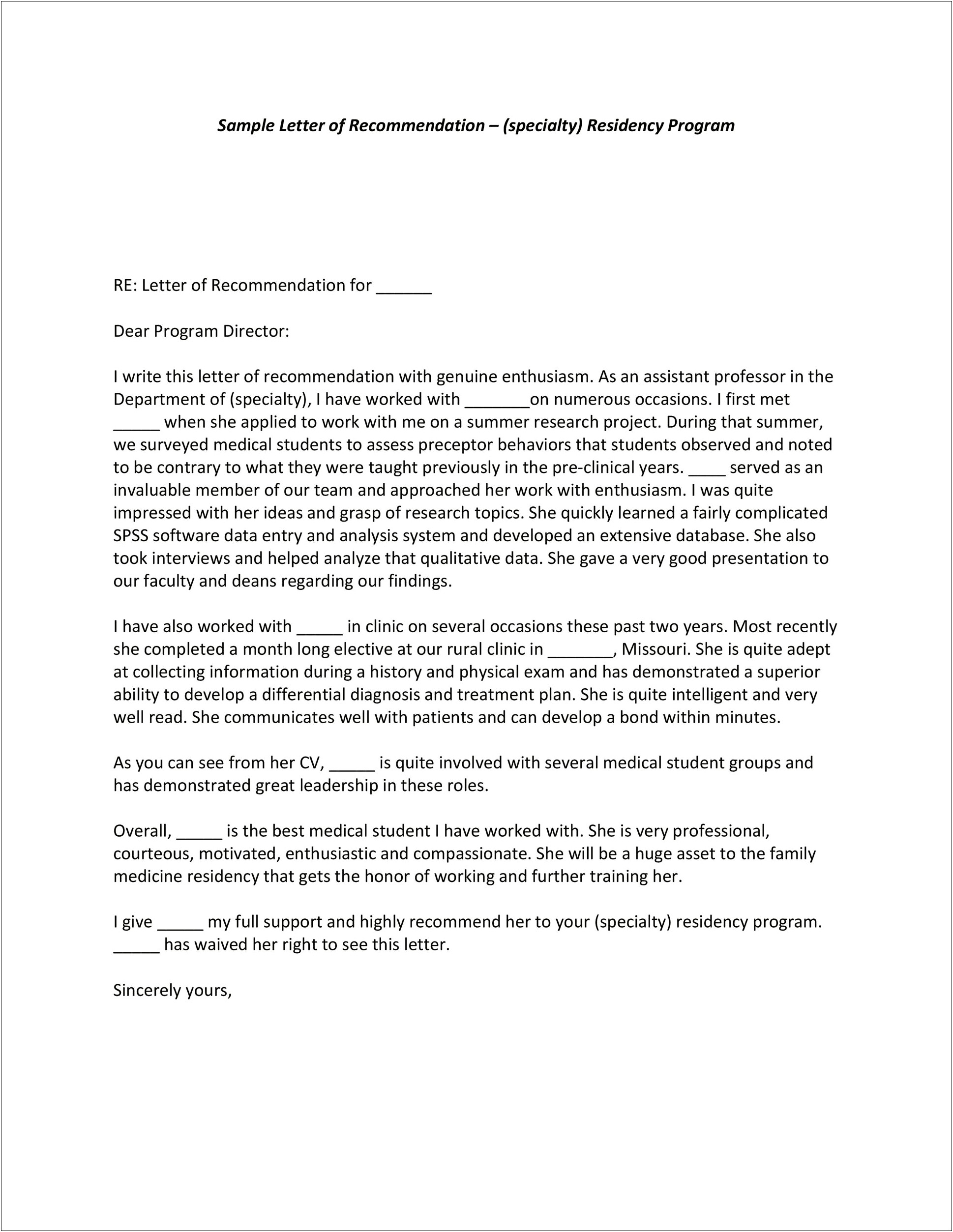 Letter Of Recommendation Free Usable Template